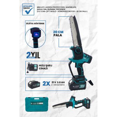 ADDEN ADN-S-ZT-01 Şarjlı Dal Budama Testeresi | 21V 3.0Ah Çift Akülü, Kömürsüz Motorlu, 20cm Pala