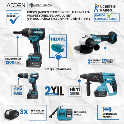 ADDEN ADN0027 5’li Kömürsüz Motorlu Şarjlı Takım Seti – 1200Nm Somun Sıkma, Vidalama, Hilti, Taşlama, LED Işık,