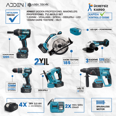 ADDEN ADN0037 7'li Kömürsüz Motorlu Profesyonel Şarjlı Takım Seti Somun Sıkma Daire Testere Vidalama Hilti Dekupaj Taşlama