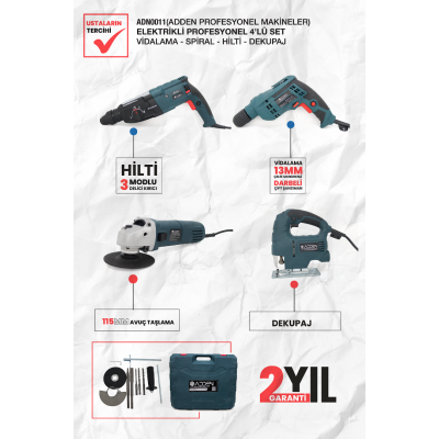 ADDEN ADN0011 Dörtlü Elektrikli Takım Seti Hilti Matkap Dekupaj Spiral 