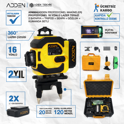 ADDEN ADN0604 Profesyonel 16 Yönlü Lazer Terazi | 2 Batarya + Tripod + Sehpa + Gözlük + Kumanda Setli