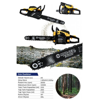 Mur-Cell ADN0718  58CC 2.5kW 45cm 18 inç Benzinli Motorlu Zincirli Testere Sarı Siyah