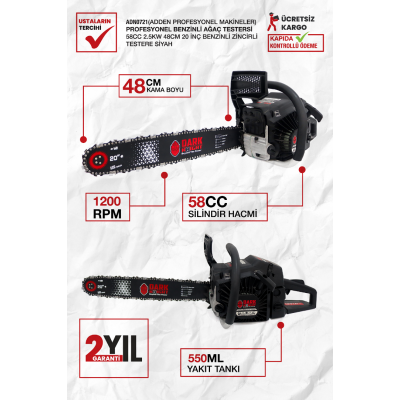 Dark Knight ADN0721 58cc 2.5kW 48cm 20 inç Benzinli Zincirli Testere Siyah